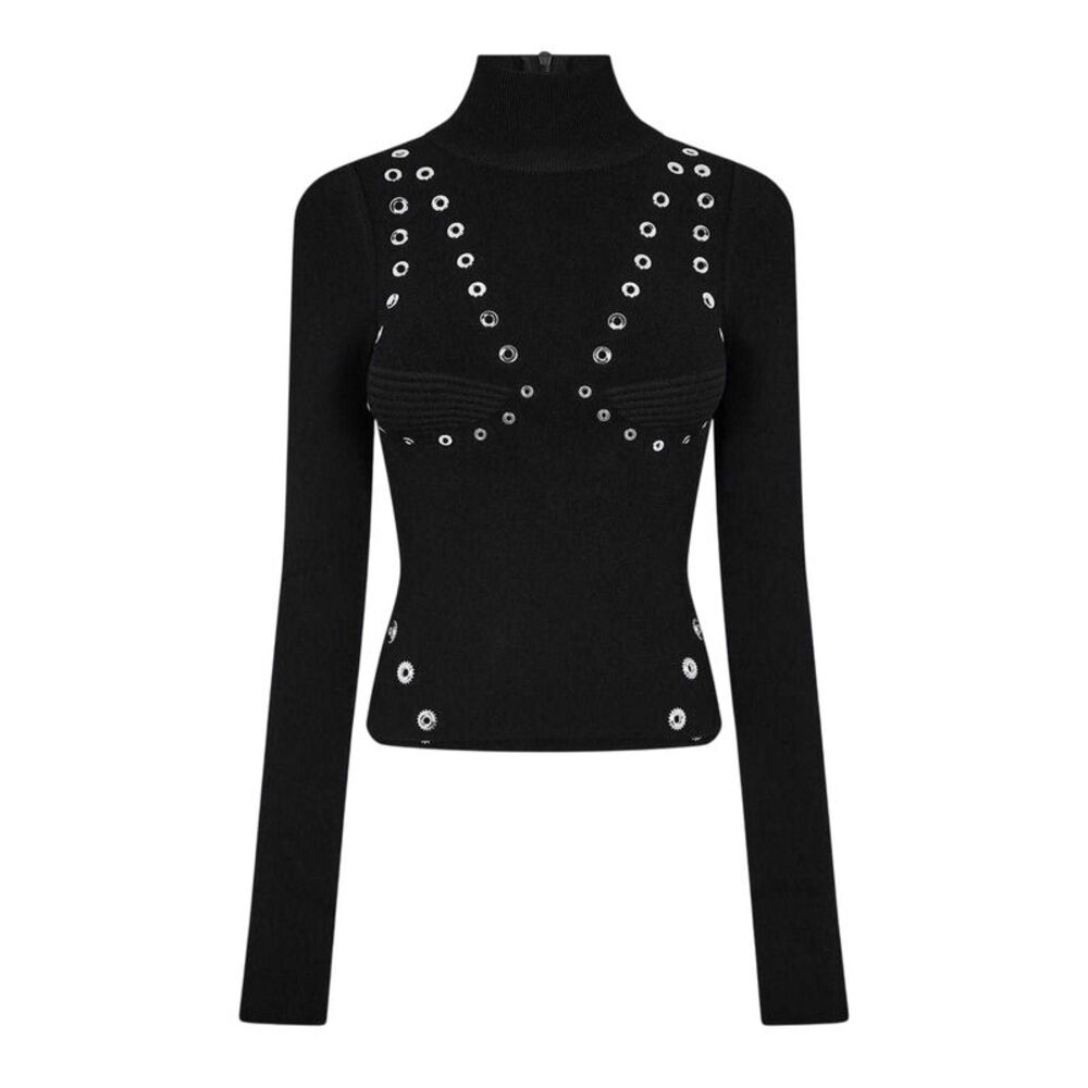 Off White Womens/Ladies Eyelets Mock Neck Top / Black